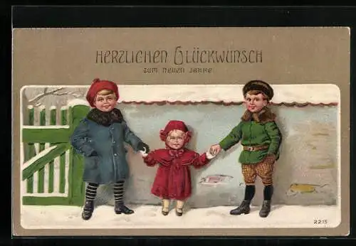AK Neujahr, Kinder stehen im Schnee vor einer Mauer