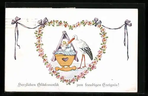 AK Geburtstag, Storch legt ein Baby in die Wiege