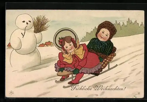 AK Kinder rodeln mit einem Schlitten am Schneemann vorbei, Fröhliche Weihnachten