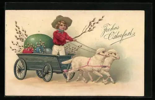 AK Ostern, Schafgespann mit Ostereiwagen