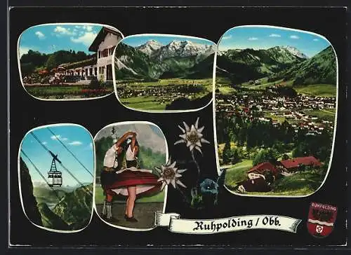 AK Ruhpolding /Obb., Seilbahn, Tanz in Tracht, Ortsansicht aus der Vogelschau