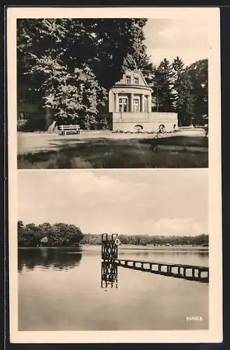 AK Bantikow, Zentralschule der Nationalen Front, Parkansicht und Bootssteg mit Springturm