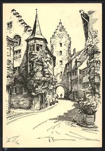 Künstler-AK Meersburg /Bodensee, Gasthof Bären und Obertor