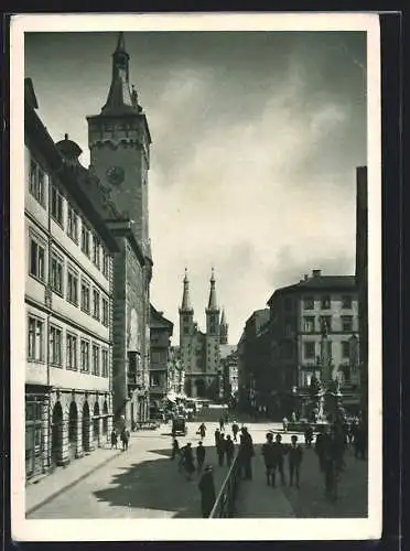AK Würzburg, Domstrasse - Grafeneckardturm und Vierröhrenbrunnen