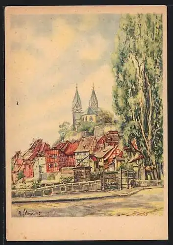 Künstler-AK Quedlinburg, Blick vom Schiffbleck mit Dom