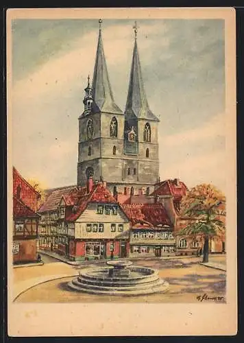 Künstler-AK Quedlinburg, Mathildenbrunnen mit Nikolaikirche