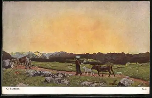 Künstler-AK Giovanni Segantini: Bauern mit ihren Kühen auf dem Weg zur Alm