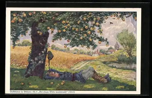 Künstler-AK Hans Baluschek: Soldat liegt unter einem Apfelbaum