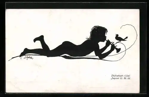 Künstler-AK Diefenbach: Liegendes Kind spielt auf einer Flöte