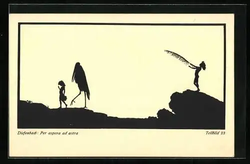 Künstler-AK Diefenbach: Per aspera ad astra, Junge mit Palmblatt und Kind vor Storch, Schattenbild