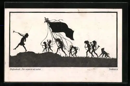 Künstler-AK Diefenbach: Per aspera ad astra, Nr. 8, Mädchen mit Flaggen und Instrumenten