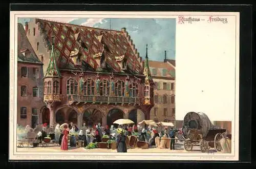 Künstler-AK Heinrich Kley: Freiburg, Kaufhaus mit Markttreiben um 1900