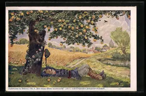 Künstler-AK Hans Baluschek: Soldat liegt unter einem Apfelbaum