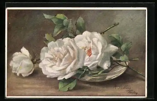 Künstler-AK M. Billing: Weisse Rosen in voller Blüte