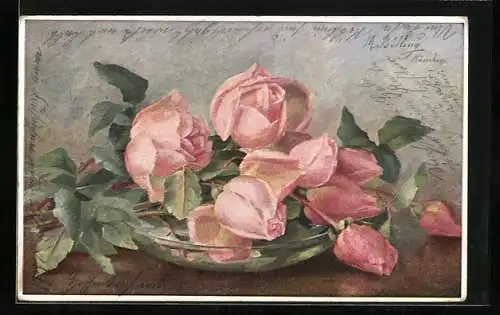 Künstler-AK M. Billing: Rosa Rosen mit Knospe