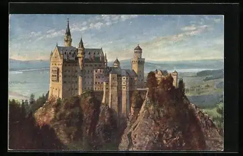 Künstler-AK H. Hoffmann: Schloss Neuschwanstein von der Marienbrücke gesehen