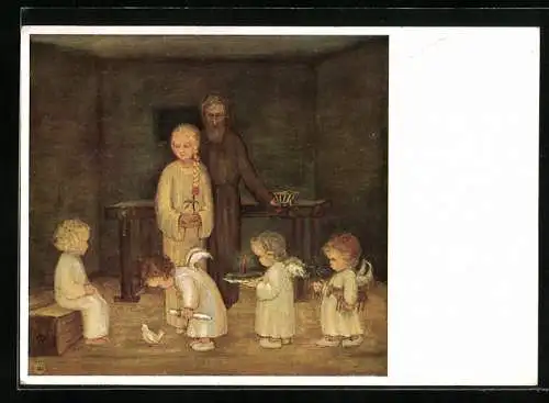 Künstler-AK Maria Spötl: Wir wünschen Glück!, Weihnachten, Maria, Josef und Engel