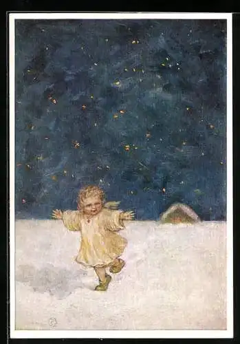 Künstler-AK Maria Spötl: Kleinkind läuft nachts durch den Schnee, in der Ferne ein Haus