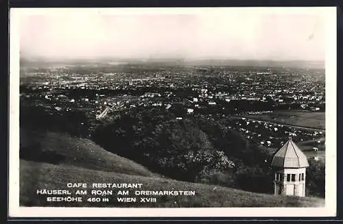 AK Wien, Café Häuserl am Roan am Dreimarkstein, Inh. J. Bodenstein, mit Aussicht