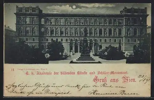 Mondschein-AK Wien, K.k. Akademie der bildenden Künste und Schiller-Monument