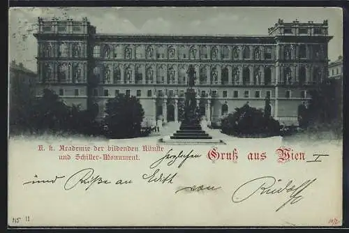 Mondschein-AK Wien, K. k. Akademie der bildenden Künste und Schiller-Monument