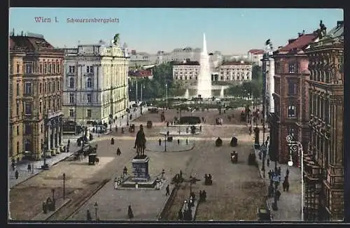 AK Wien, Schwarzenbergplatz mit Hochstrahlbrunnen und Reiterdenkmal Karl Philipp Fürst zu Schwarzenberg