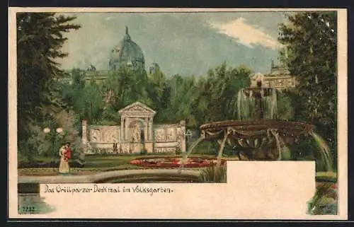 Künstler-Lithographie sign. Rosenberger: Wien, Grillparzer Denkmal im Volksgarten