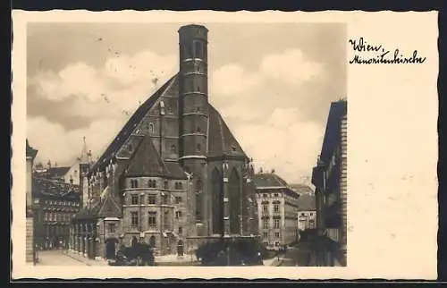 AK Wien, Minoritenkirche mit Strassenpartie
