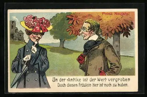 AK Altes Fräulein und Gelehrter, Neujahrsgruss