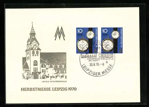AK Leipzig, Leipziger Herbstmesse 1970, Kongresshalle, Briefmarken, Logo