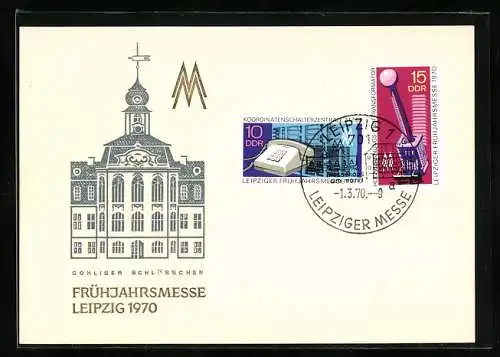 AK Leipzig, Leipziger Frühjahrsmesse 1970, Gohliser Schlösschen, Briefmarken, Logo