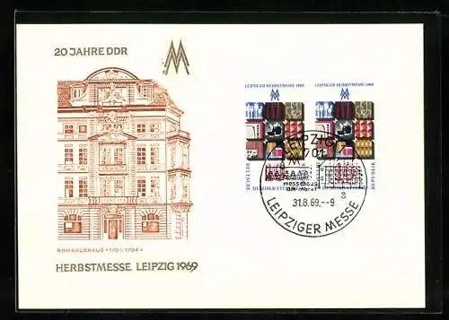 AK Leipzig, Leipziger Herbstmesse 1969 / 25 Jahre DDR, Romanushaus, Briefmarken, Logo