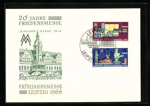 AK Leipzig, Leipziger Frühjahrsmesse 1966 / 20 Jahre Friedensmesse, Turmgebäude, Briefmarken, Logo