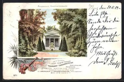 AK Berlin-Charlottenburg, Mausoleum, Reklame für Toussaint-Langenscheidt