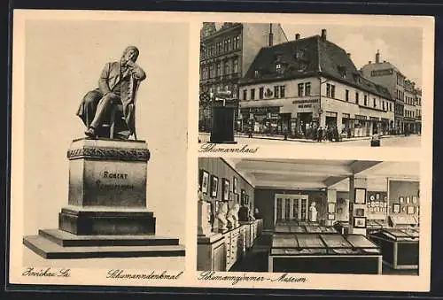 AK Zwickau i. Sa., Schumannhaus und Schumanndenkmal