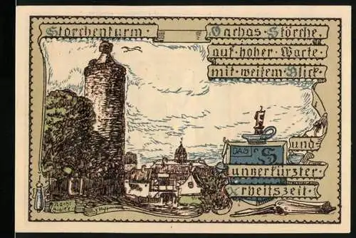 Notgeld Vacha 1921, 75 Pfennig, Storchenturm und Stadtwappen mit Heiligen und Inschrift