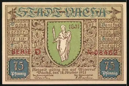 Notgeld Vacha 1921, 75 Pfennig, Storchenturm und Stadtwappen mit Heiligen und Inschrift