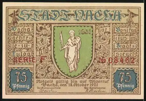 Notgeld Vacha 1921, 75 Pfennig, Rathaus und Stadtwappen mit Schrift