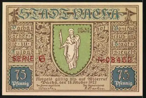 Notgeld Vacha, 1921, 75 Pfennig, Vitusbrunnen und Wappen der Stadt Vacha