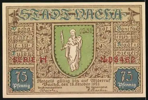 Notgeld Vacha 1921, 75 Pfennig, Rathaus und Stadtwappen mit Heiligen