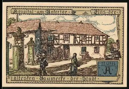 Notgeld Vacha 1921, 75 Pfennig, Hospital am Untertor mit Wappen und Stadtansicht