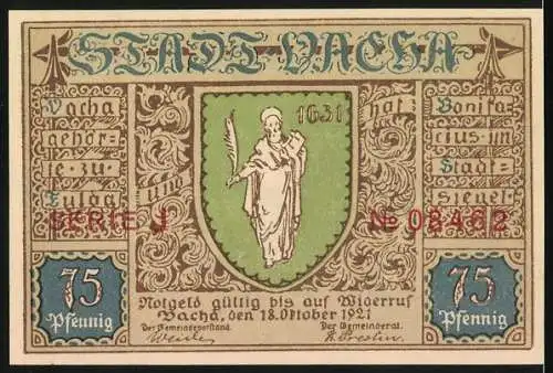 Notgeld Vacha 1921, 75 Pfennig, Hospital am Untertor mit Wappen und Stadtansicht