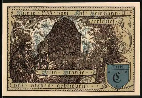 Notgeld Vacha 1921, 75 Pfennig, Münze von Abt Hermann II., gültig bis Oktober 1921, Stadtwappen mit Heiliger