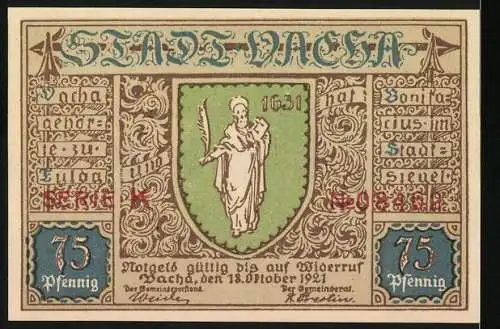 Notgeld Vacha 1921, 75 Pfennig, Münze von Abt Hermann II., gültig bis Oktober 1921, Stadtwappen mit Heiliger