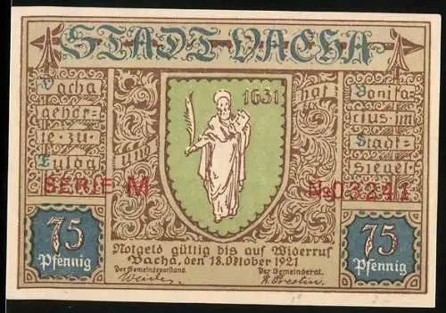 Notgeld Vacha 1921, 75 Pfennig, Stadtwappen mit Heiliger, Landschaft und Gebäude