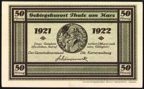 Notgeld Thale am Harz 1921, 50 Pfennig, Gebirgskurort mit Kirche und Berglandschaft