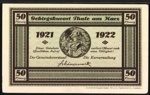 Notgeld Thale am Harz 1921, 50 Pfennig, Hotel Rosstrappe und Wappen, Gebirgskurort