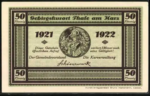 Notgeld Thale am Harz, 1921, 50 Pfennig, Gebirgskurort Motiv mit Hotel Waldkater und Landschaft