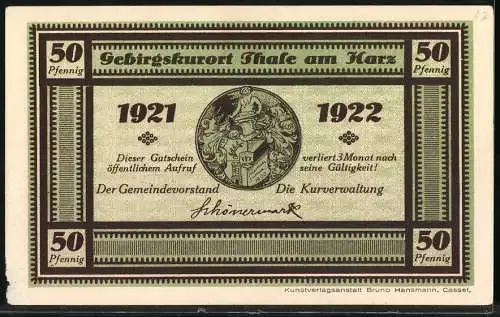 Notgeld Thale am Harz, 1921, 50 Pfennig, Gesamtansicht mit Gebirgskurort und Wappen von Thale