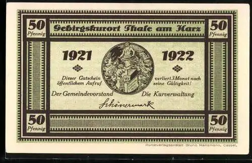 Notgeld Thale am Harz 1921, 50 Pfennig, Gutschein mit Landschaftsmotiv Rückseite